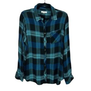 Beach lunch lounge Plaid Flannel Long Sleeve Button Down Shirt 1X Blue